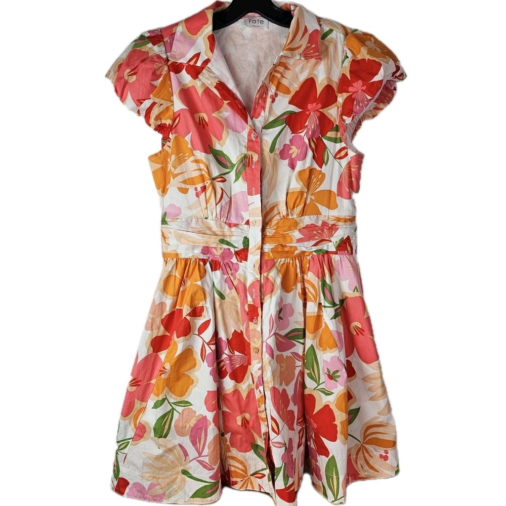 Fate Floral Poplin Mini Dress in Coral, Orange, Pink & Green